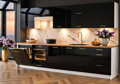 Küchenzeile Linda DW 300cm Schwarz Hochglanz, eiß Matt- Küche, inbauküche 3m