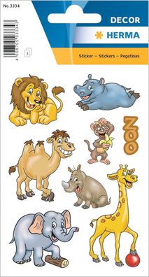 HERMA 3334 Aufkleber Zootiere klein groß, 24 Stück, Tiere Sticker mit Löwe Elefant Gi