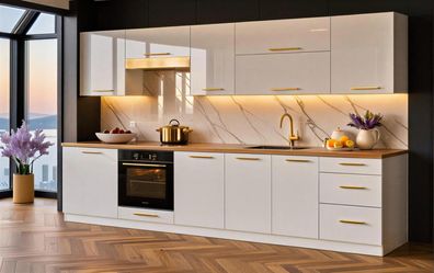 Küchenzeile Linda 300 cm Weiß Hochglanz- Küche, Küchenblock 3m, Einbauküche