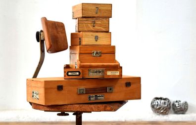 Set 6 x Kiste mit Deckel Holz Antik Alt Vintage Shabby Kasten Uhrmacher Reklame