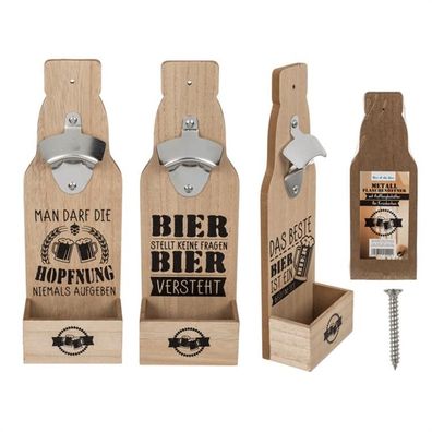 Metall Flaschenöffner auf Holzbrett mit verschiedenen Sprüchen