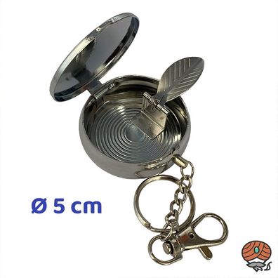 Taschenaschenbecher aus Metall, Silber mit Schlüsselring und Karabinerhaken