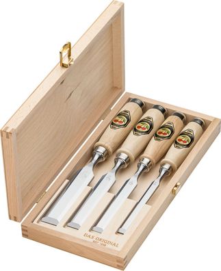 Kirschen Stechbeitelsatz im Holzkasten 4-tlg. mit Weißbuchenheft 10-16-20-26 mm