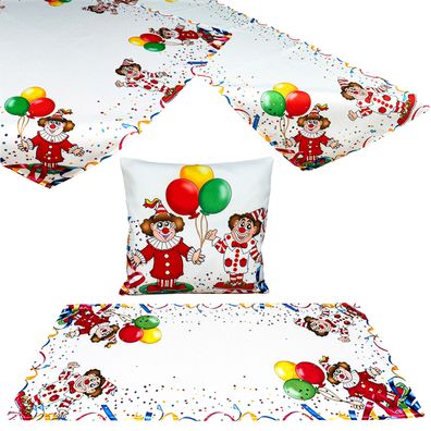 Fasching Tischdecke Tischläufer Kissenhülle Clowns Heimtextilien Karneval Weiß