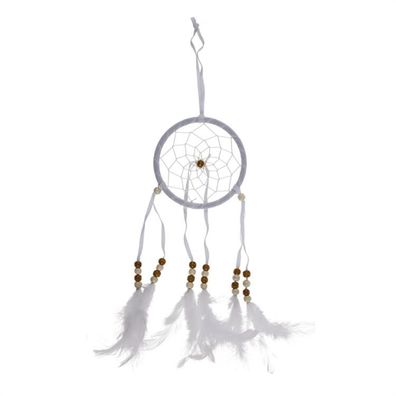 Weißer Stoff Traumfänger mit Federn & Holzperlen ca. 34 x 11 cm