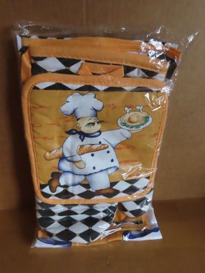 Topflappen + Handschuh + Schürze gelb mit Kochmotiv