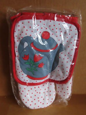 Topflappen + Handschuh weiß rot mit TeekannenMotiv
