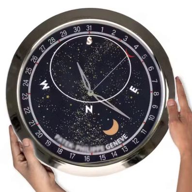 Wanduhr Patek Philippe Celestial Moon Astronomical Schwarz Stahl Dealer Display