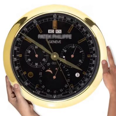 Wanduhr Patek Philippe Kalendar Chronograph Schwarz Gold Dealer Display 40cm