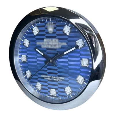 Wanduhr Rolex Datejust Blau Diamant Zifferblatt Stahl Smooth Bezel Dealer Display