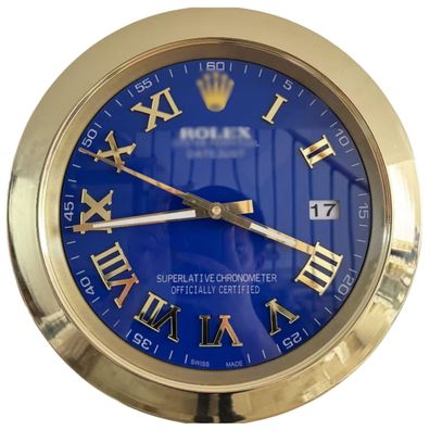 Wanduhr Rolex Datejust Blau Römisches Zifferblatt Gold Dealer Display Luxuswanduhr