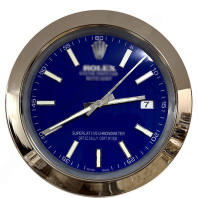Wanduhr Rolex Datejust Blau Stahl Smooth Bezel Dealer Display Luxuswanduhr 34cm