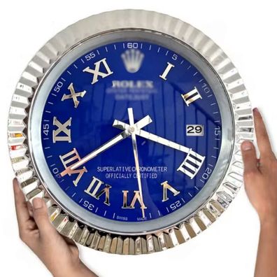 Wanduhr Rolex Datejust Blau Römisches Zifferblatt Stahl Dealer Display Luxuswanduhr