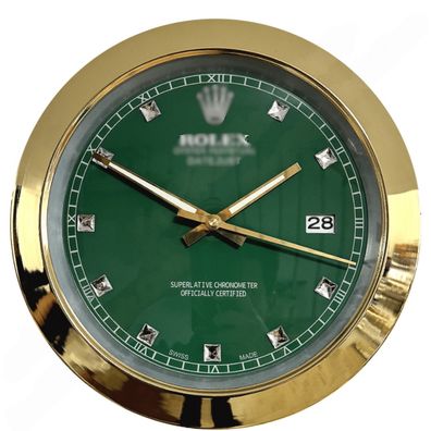 Wanduhr Rolex Datejust Grün Diamant Zifferblatt Gold Smooth Bezel Dealer Display