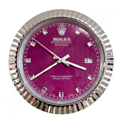 Wanduhr Rolex Datejust Lila Diamant Zifferblatt Gold Fluted Bezel Dealer Display
