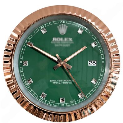 Wanduhr Rolex Datejust Grün Diamant Zifferblatt Roségold Fluted Bezel Dealer Display