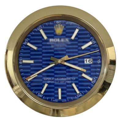 Wanduhr Rolex Datejust Blaues Motif Zifferblatt Gold Smooth Bezel Dealer Display 34cm