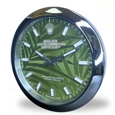 Wanduhr Rolex Datejust Olive Palme Zifferblatt Stahl Smooth Bezel Dealer Display 34cm