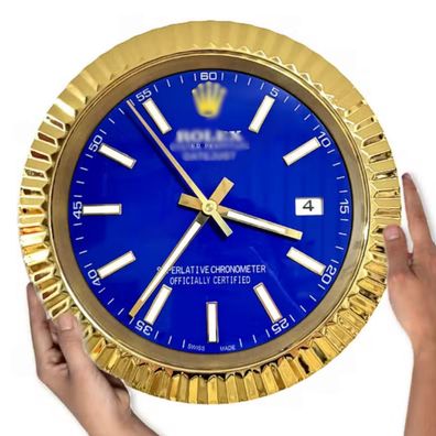 Wanduhr Rolex Datejust Blaues Zifferblatt Gold Fluted Bezel Dealer Display 34cm