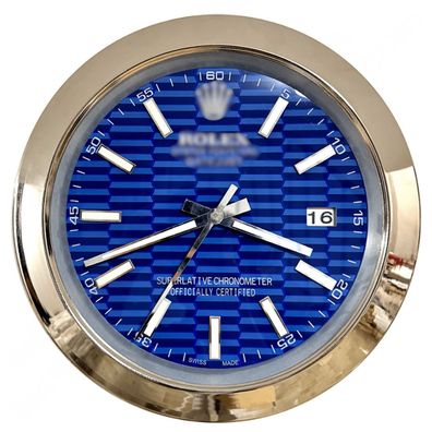 Wanduhr Rolex Datejust Blaues Motif Zifferblatt Stahl Smooth Bezel Dealer Display