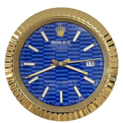 Wanduhr Rolex Datejust Blaues Motif Zifferblatt Gold Fluted Bezel Dealer Display 34cm