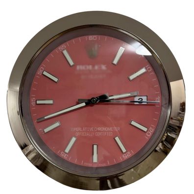 Wanduhr Rolex Datejust Rotes Zifferblatt Stahl Smooth Bezel Dealer Display Oyster