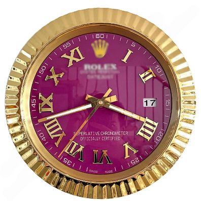 Wanduhr Rolex Datejust Lila Römisches Zifferblatt Gold Fluted Bezel Dealer Display