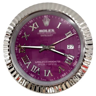 Wanduhr Rolex Datejust Lila Römisches Zifferblatt Stahl Fluted Bezel Dealer Display