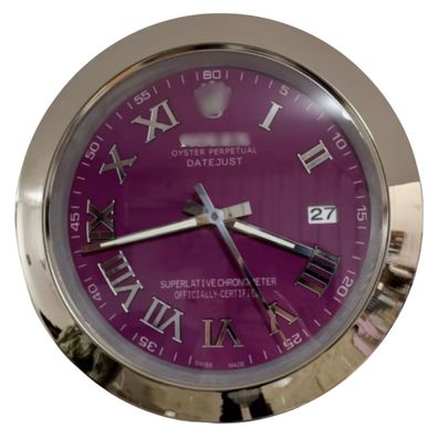 Wanduhr Rolex Datejust Lila Römisches Zifferblatt Stahl Smooth Bezel Dealer Display