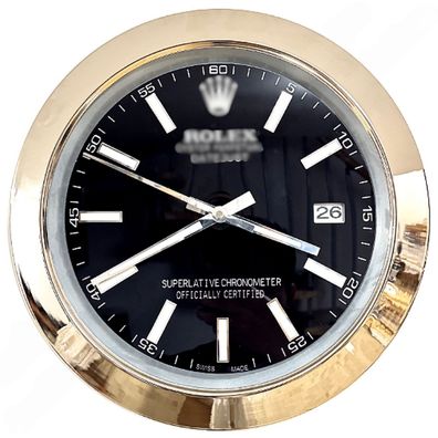 Wanduhr Rolex Datejust Schwarzes Zifferblatt Stahl Smooth Bezel Dealer Display 34cm