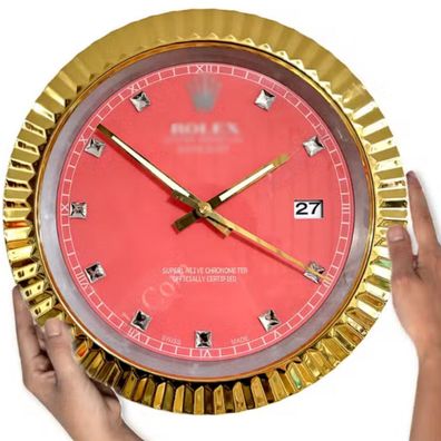 Wanduhr Rolex Datejust Rot Diamant Zifferblatt Gold Fluted Bezel Dealer Display