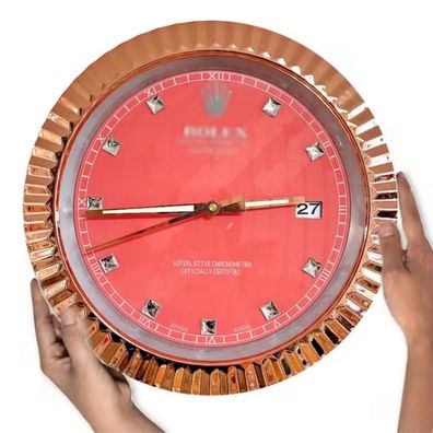 Wanduhr Rolex Datejust Rot Diamant Zifferblatt Roségold Fluted Bezel Dealer Display