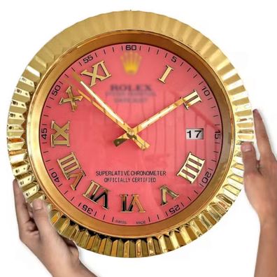 Wanduhr Rolex Datejust Rose Römisches Zifferblatt Gold Fluted Bezel Dealer Display