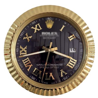 Wanduhr Rolex Datejust Schwar Römisches Zifferblatt Gold Fluted Bezel Dealer Display