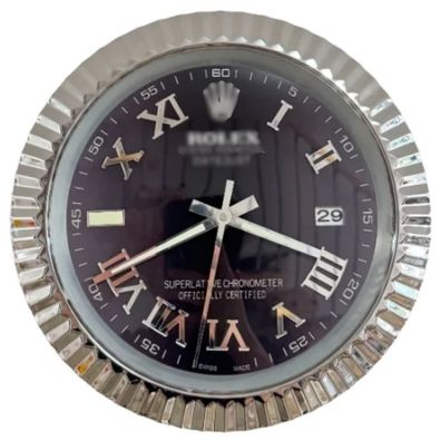 Wanduhr Rolex Datejust Schwar Römisches Zifferblatt Stahl Fluted Bezel Dealer Display