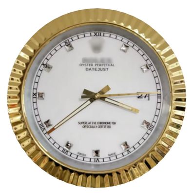 Wanduhr Rolex Datejust Weiß Diamant Zifferblatt Gold Fluted Bezel Dealer Display 34cm