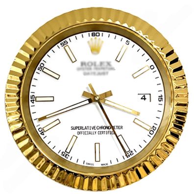 Wanduhr Rolex Datejust Weißes Zifferblatt Gold Fluted Bezel Dealer Display 34cm