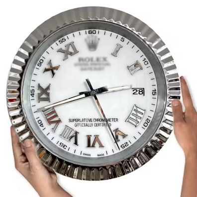Wanduhr Rolex Datejust Weiß Römisches Zifferblatt Stahl Fluted Bezel Dealer Display