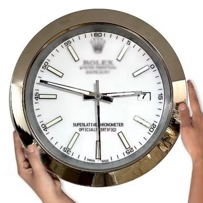 Wanduhr Rolex Datejust Weißes Zifferblatt Stahl Smooth Bezel Oyster Dealer Display