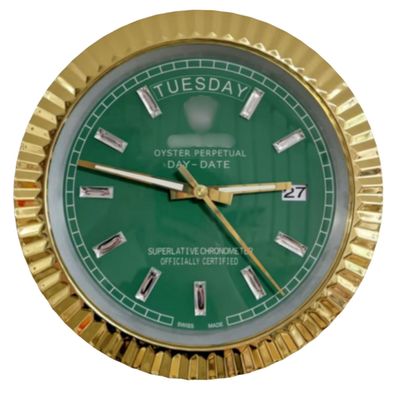 Wanduhr Rolex Day-Date Grünes Zifferblatt Gold Fluted Bezel Dealer Display 34cm