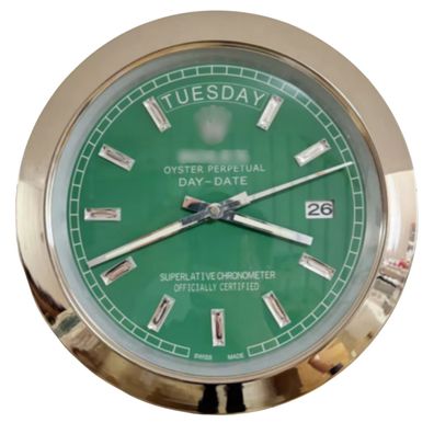Wanduhr Rolex Day-Date Grünes Zifferblatt Stahl Smooth Bezel Dealer Display 34cm