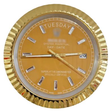 Wanduhr Rolex Day-Date Orange Diamanten Zifferblatt Gold Fluted Bezel Dealer Display