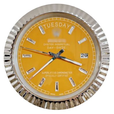 Wanduhr Rolex Day-Date Gelbes Zifferblatt Stahl Fluted Bezel Dealer Display 34cm