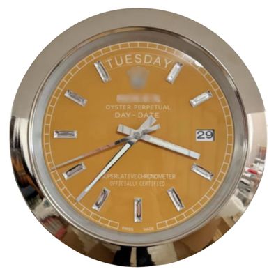 Wanduhr Rolex Day-Date Orange Diamanten Zifferblatt Stahl Smooth Bezel Dealer Display
