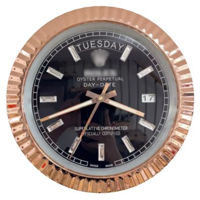Wanduhr Rolex Day-Date Schwarzes Zifferblatt Roségold Fluted Bezel Dealer Display