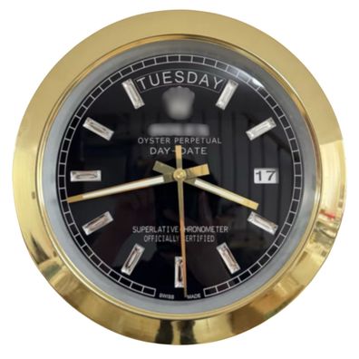 Wanduhr Rolex Day-Date Schwarzes Zifferblatt Gold Smooth Bezel Dealer Display