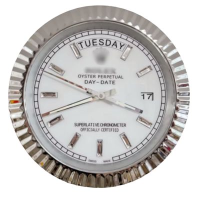 Wanduhr Rolex Day-Date Weißes Zifferblatt Stahl Fluted Bezel Dealer Display 34cm