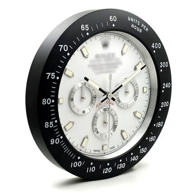 Wanduhr Rolex Daytona Cosmograph Panda Weißes Zifferblatt Schwarz Dealer Display 34cm