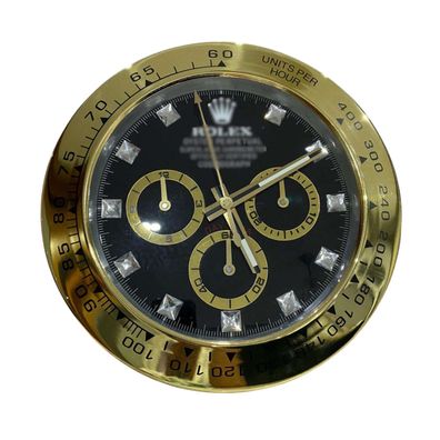 Wanduhr Rolex Daytona Cosmograph Schwarz Diamant Zifferblatt Gold Dealer Display 34cm
