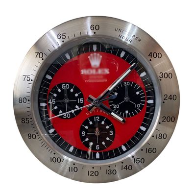 Wanduhr Rolex Daytona Paul Newmann Rot Cosmograph Silber Stahl Vintage Dealer Display